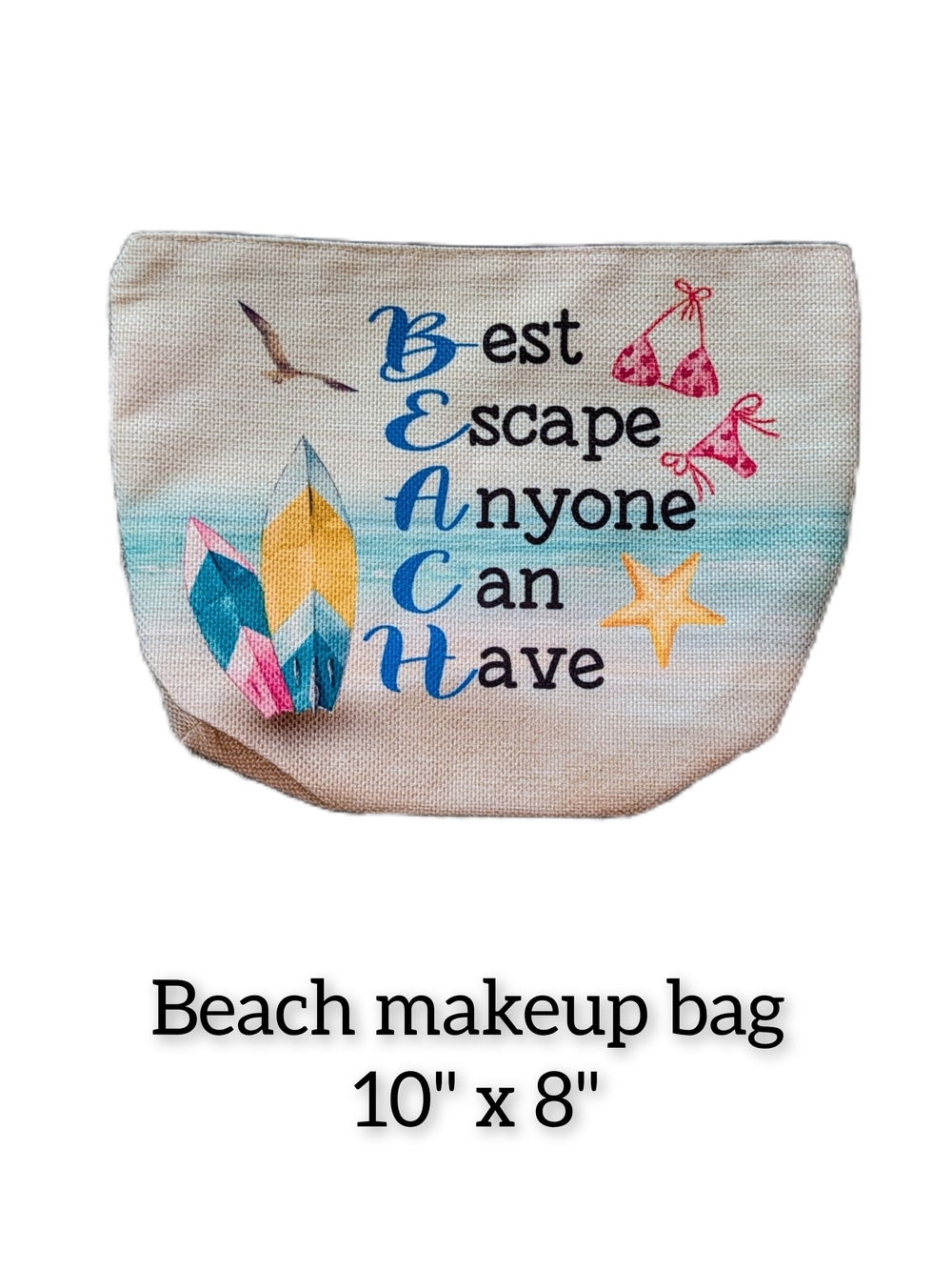 Beach Makeup Bag - Natural Canvas with Blue and Pink Accent